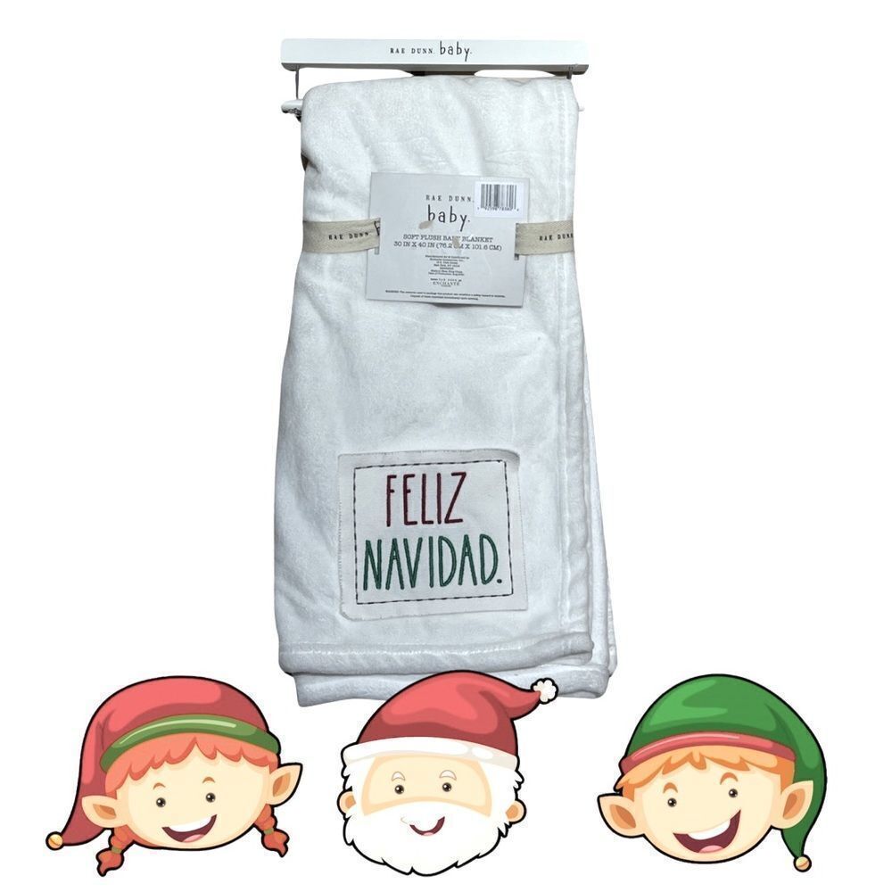 Rae Dunn Baby - Soft Plush Baby Blanket - Feliz Navidad - White 30” x 40” NWT